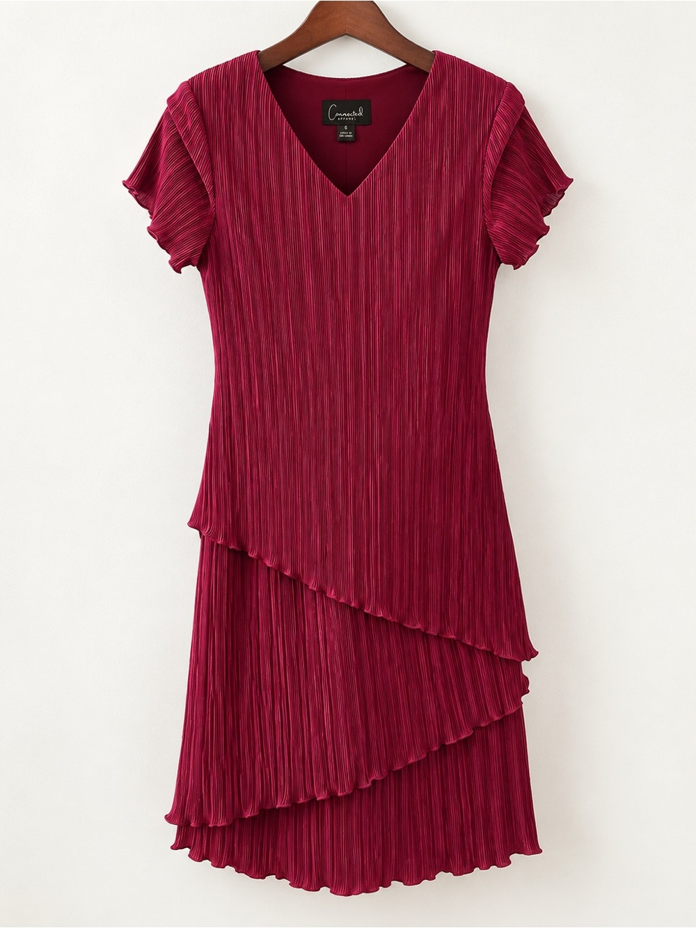 connected apparel Burgundy Pleated Layered V-Neck Dress